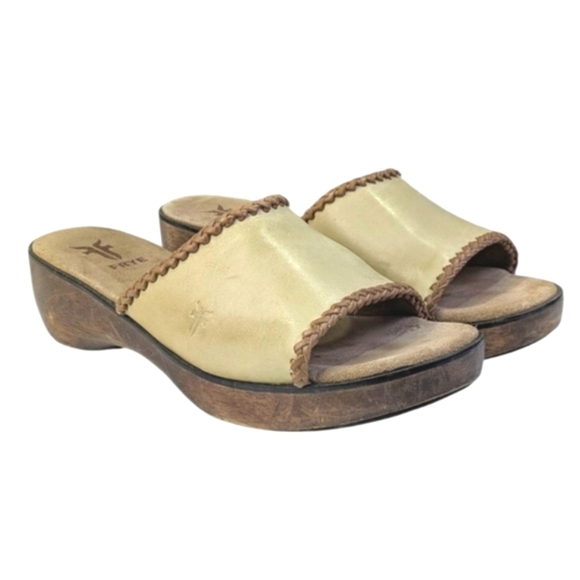 Frye Shoes - Frye Clog Sandals Women 9.5 Wooden and Leather Tan Brown Embroidered Detailing